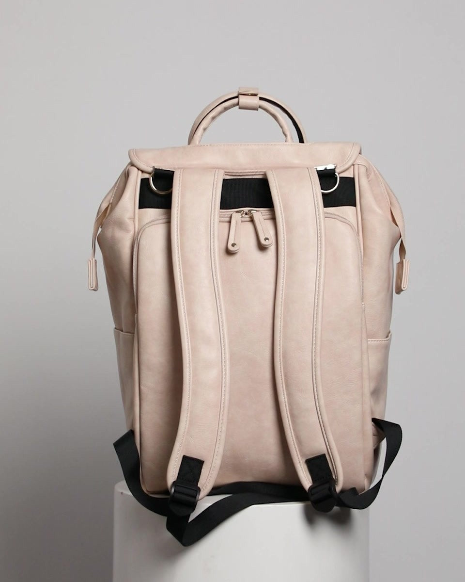 Commuter 23 backpack in taupe, back view with padded straps, for parents on the commute