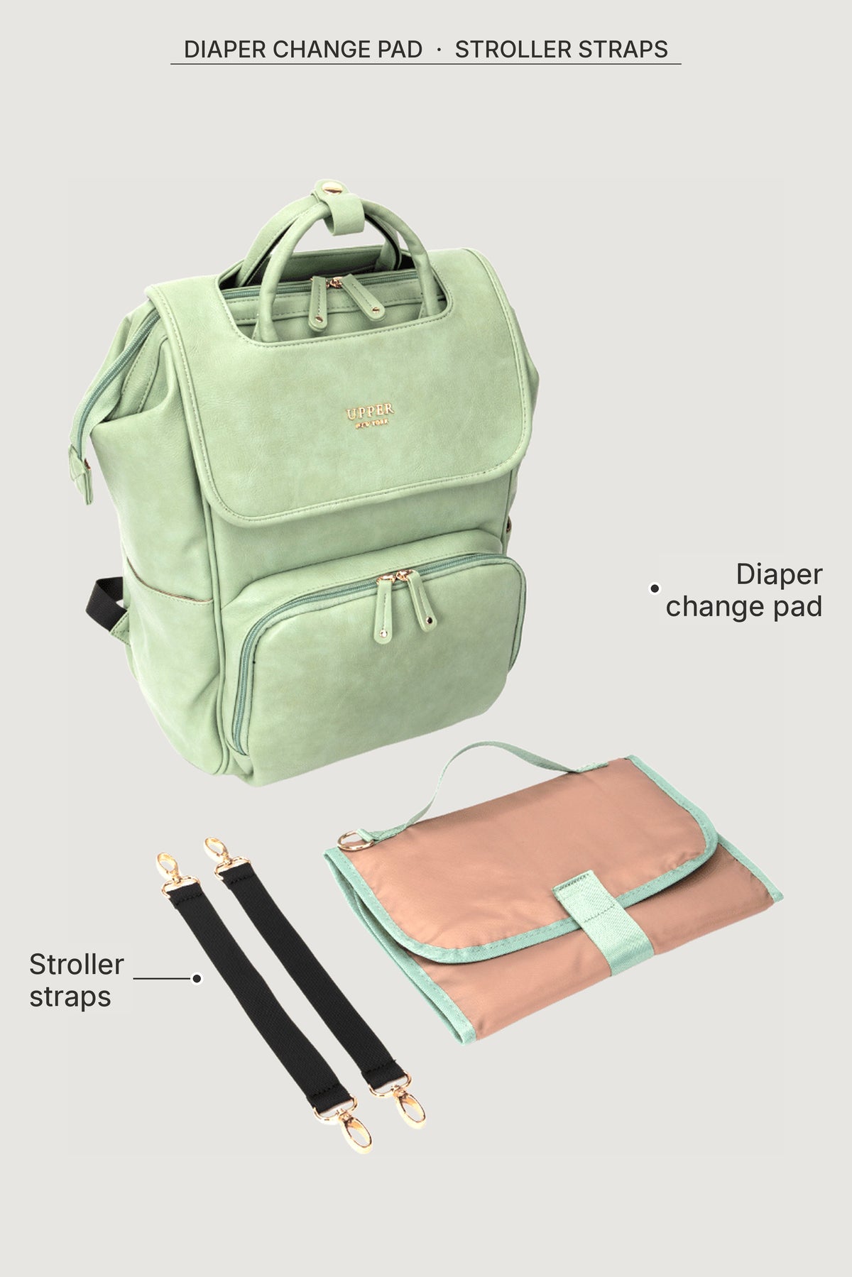 DayFlow Light Green comes with diaper change pad and stroller straps