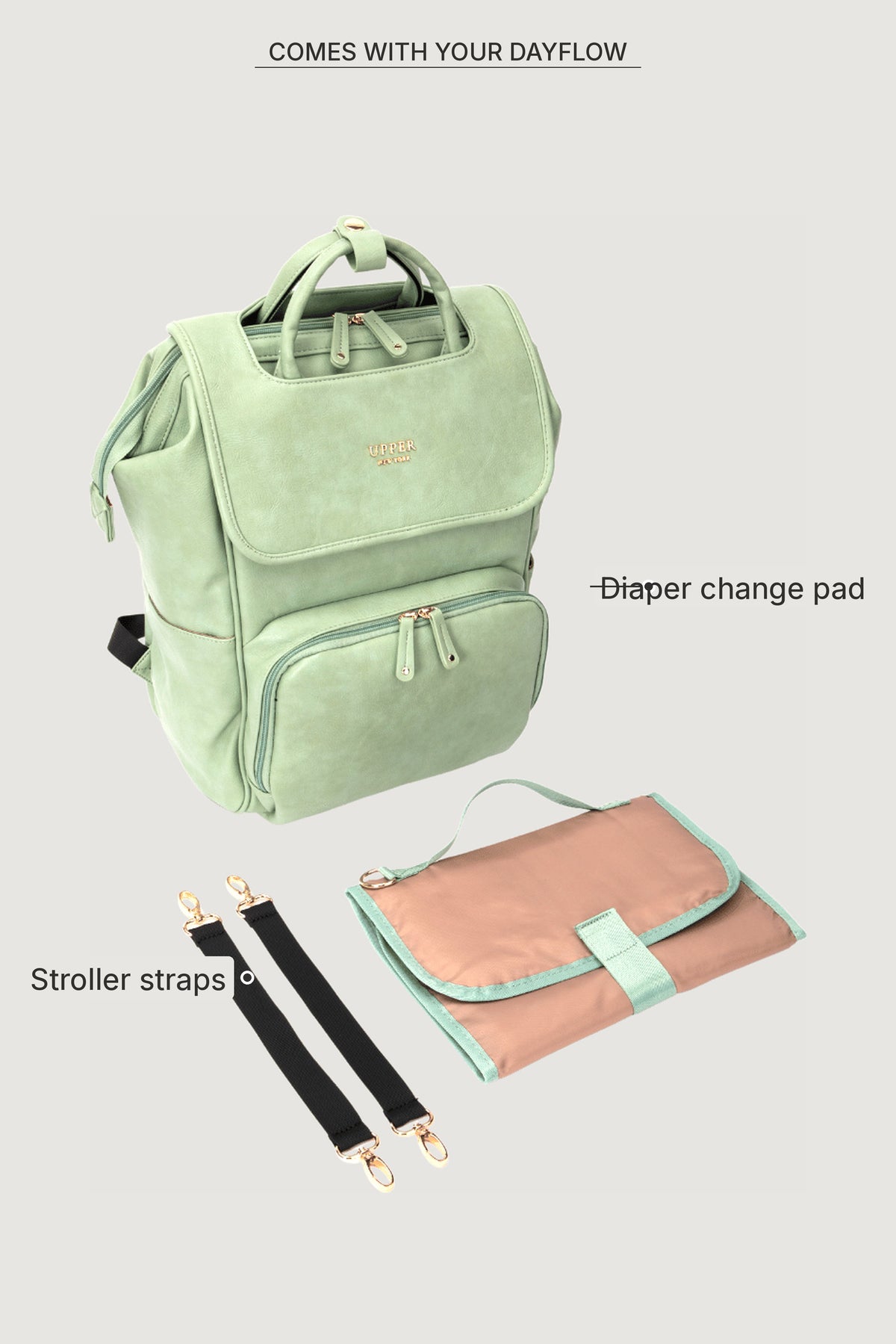 DayFlow Light Green includes diaper change pad and stroller straps