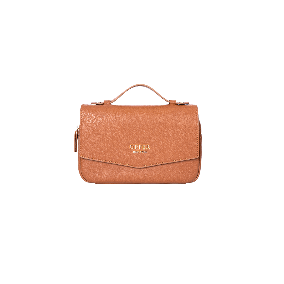Everyday sling for moms in caramel, front view
