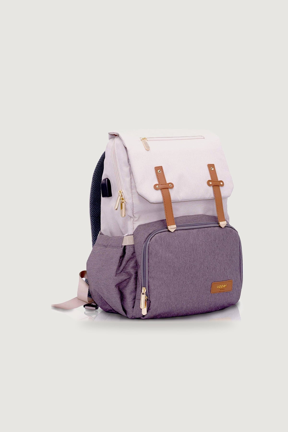 Milan everyday parent backpack in beige and grey, front view